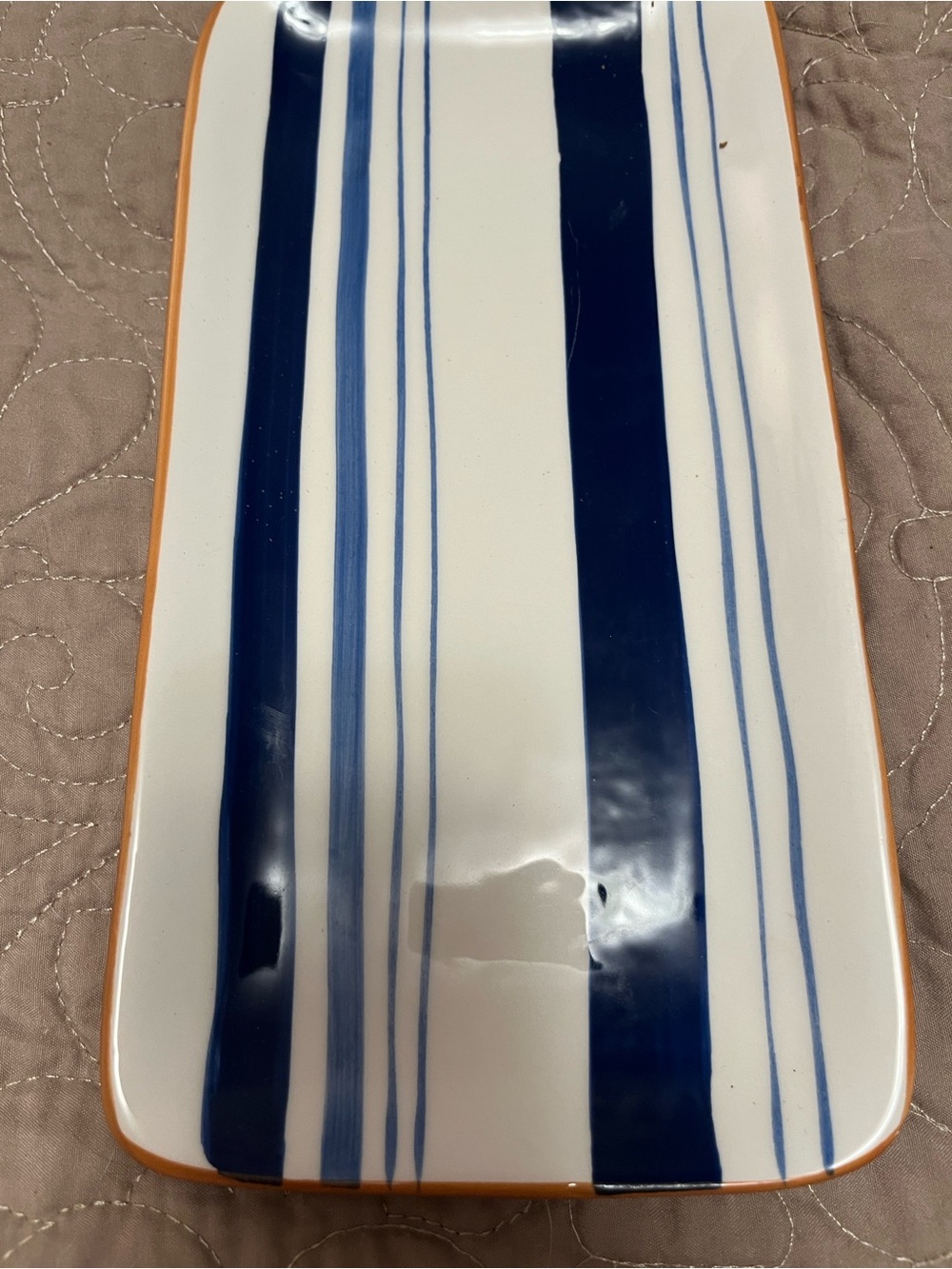 Blue & White Striped Ceramic Serving Platter with Orange Edge